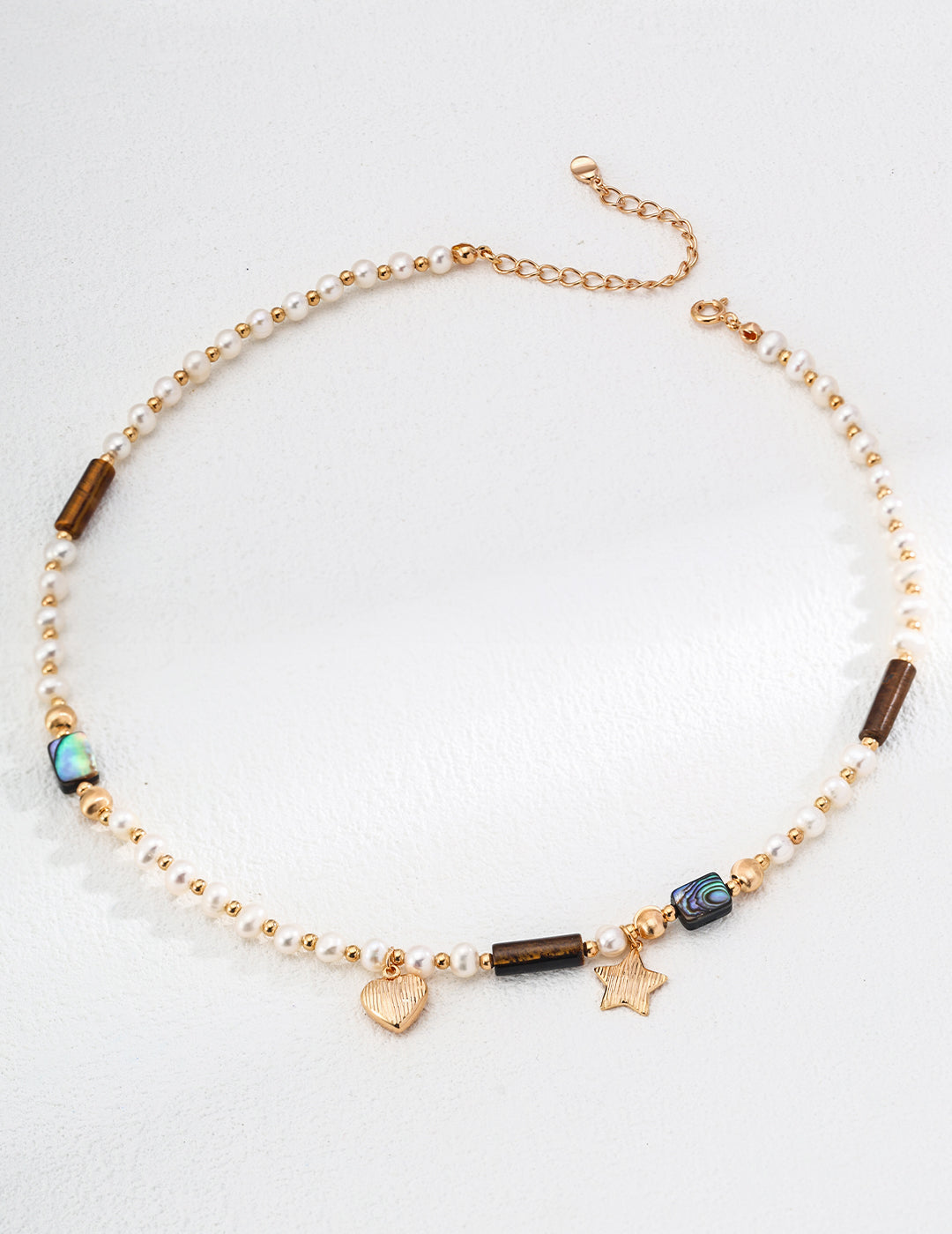 Natural Pearl, Tiger Eye & Abalone Shell Heart Necklace – with S925 Sterling Silver