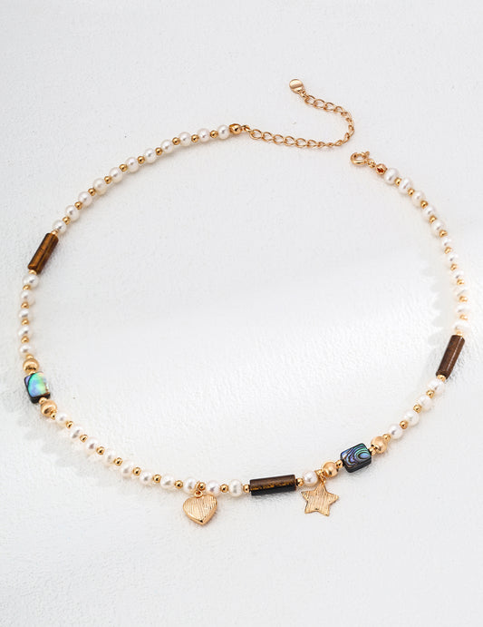 Natural Pearl, Tiger Eye & Abalone Shell Heart Necklace – with S925 Sterling Silver