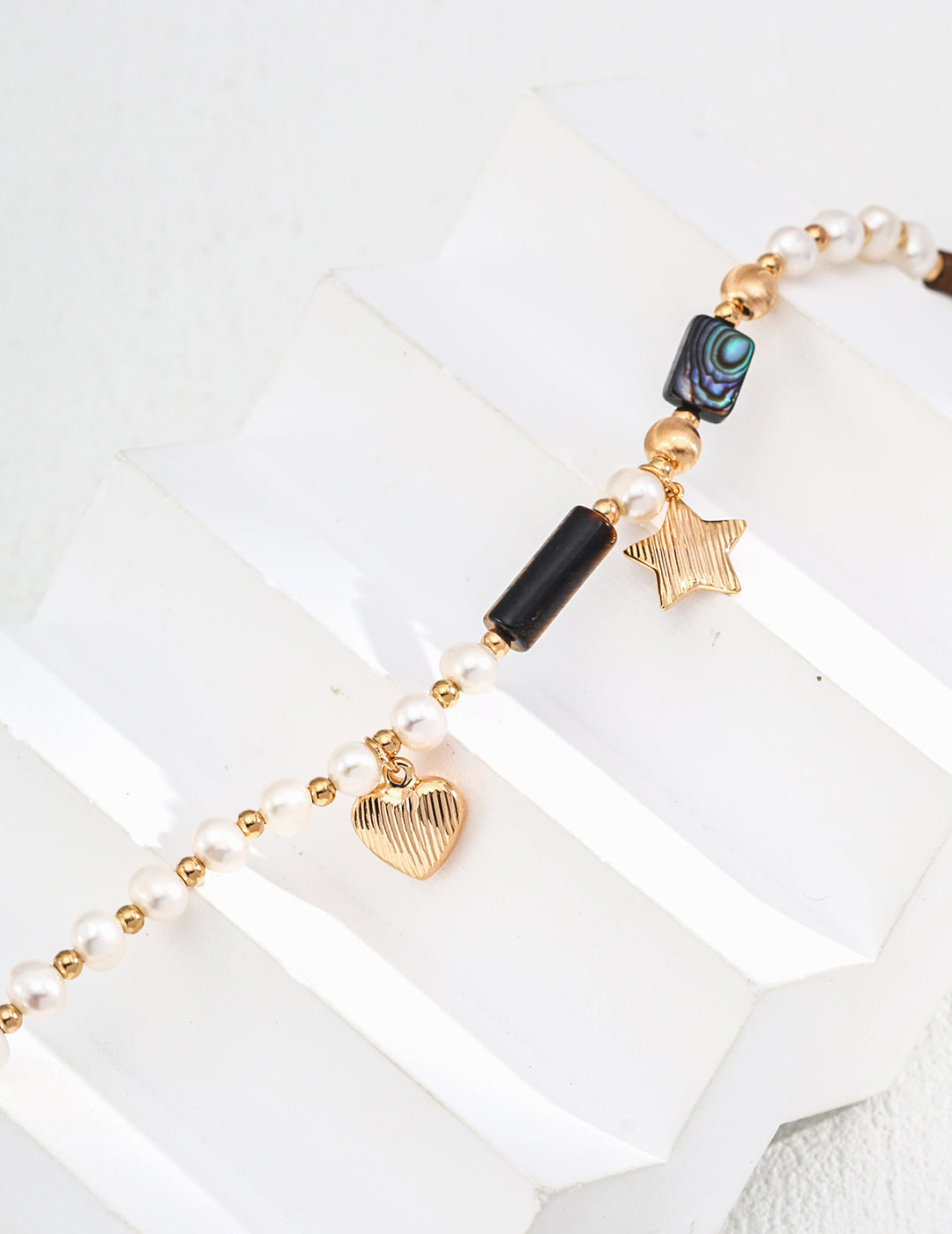 Natural Pearl, Tiger Eye & Abalone Shell Heart Necklace – with S925 Sterling Silver