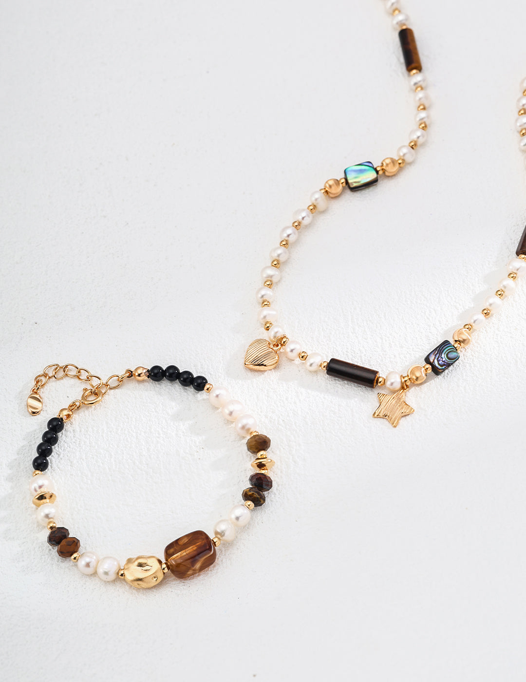 Natural Pearl, Tiger Eye & Abalone Shell Heart Necklace – with S925 Sterling Silver