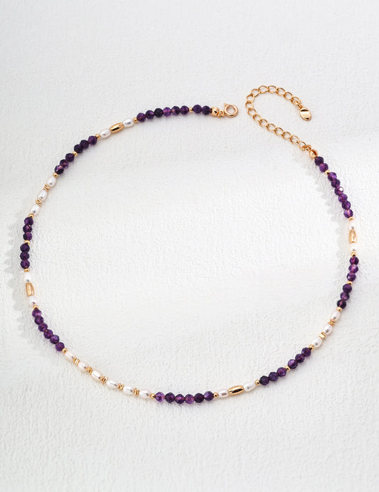 Vintage Natural Pearl & Amethyst Necklace - with S925 Sterling Silver
