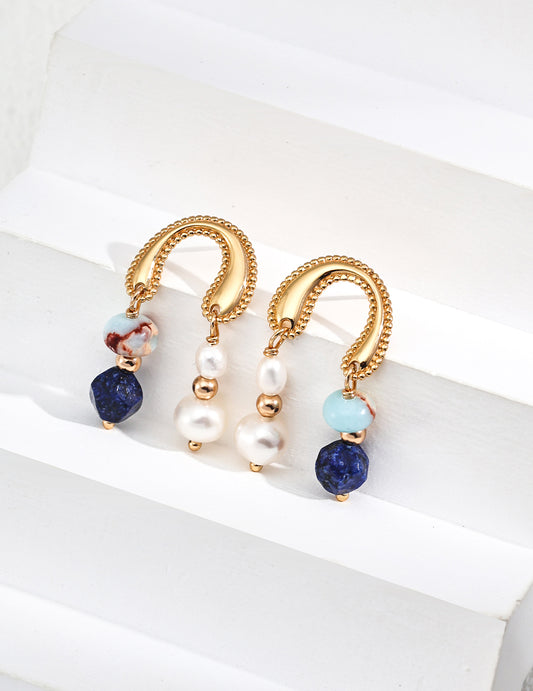 Minimalist Natural Pearl, Lapis Lazuli & Shoushan Stone Earrings - with S925 Sterling Silver